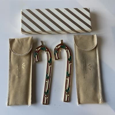 1983 Wallace Silversmiths Cinnamon Candy Cane Ornaments VTG Set Of 2 Boxed Xmas