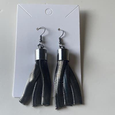 Vintage Modernist Fringed Tasseled Gunmetal Earrings 80s 90s Minimalist
