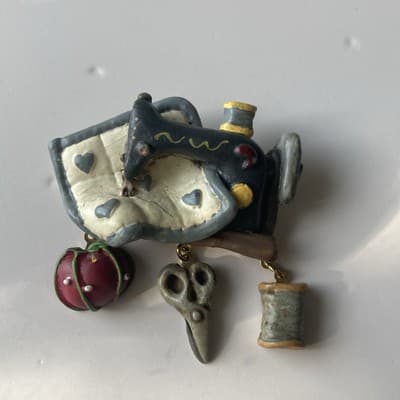 Vintage Artisan Made Resin Sewing Machine Supplies Brooch Articulated Crafters