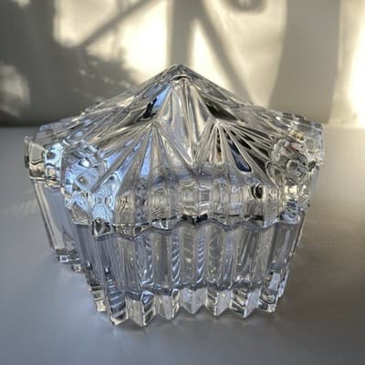 Vintage Glass Crystal Star Lidded Jewelry Trinket Box Dish Celestial Astral