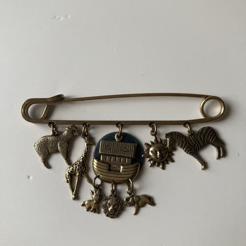 Vtg NOAHS ARK Articulated Dangling Safety Pin Brooch Bronze Colored Christanity