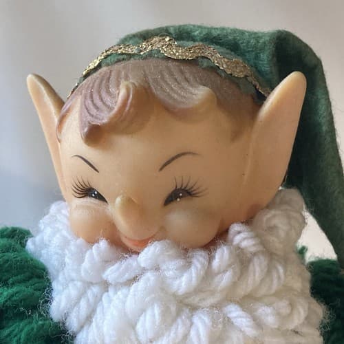 Vintage Christmas Elf Figurine Rubber Face Hands Knitted Crochet Pixie Elve 12"