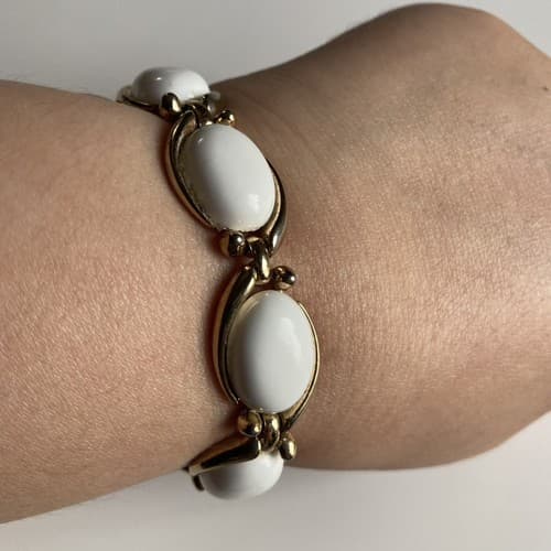 Vintage Crown Trifari White & gold tone bracelet Signed Costume Jewelry MCM Era
