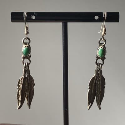 Vintage Sterling Silver 925 Turquoise Feather Earrings Native American Southwest