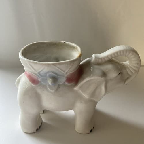 Vintage Occupied Japan Ceramic Porcelain Elephant Planter Trunk Up 3by 5 inches