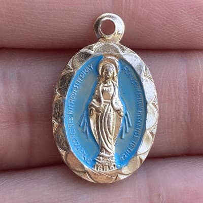 Vintage Aluminum Miraculous Mary Medal Pendant Blue Enamel Paint Hong Kong Tiny