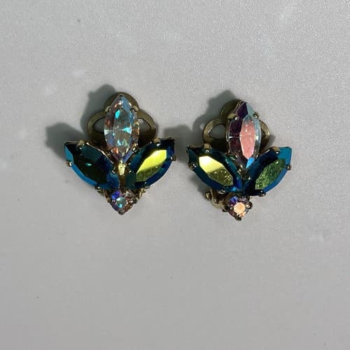 Vintage AB Rhinestone Clip On Earrings Mid Century MCM