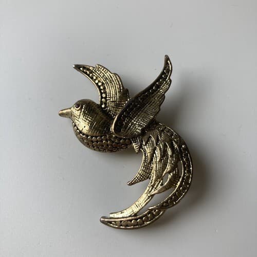 Vintage Bird Of Paradise Brooch Antiqued Rhinestone Eye Avian Estate Jewelry Vtg