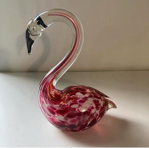 Art Glass Hand Blown Pink Clear Speckled Glass Flamingo Paperweight Figurine 6”
