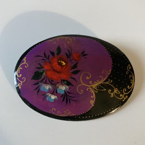Vintage Russian Hand Painted Lacquered Floral Brooch Hand Signed