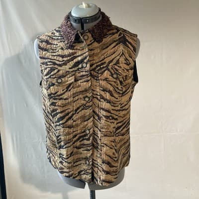 Vintage Y2K Coldwater Creek Tiger Tapestry Vest Jacket Fuzzy Collar Mob Wife M
