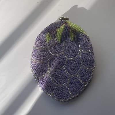Vintage Beaded Coin Purse Purple Grape Cluster Brunch Kiss Clasp Fruits Kitsch