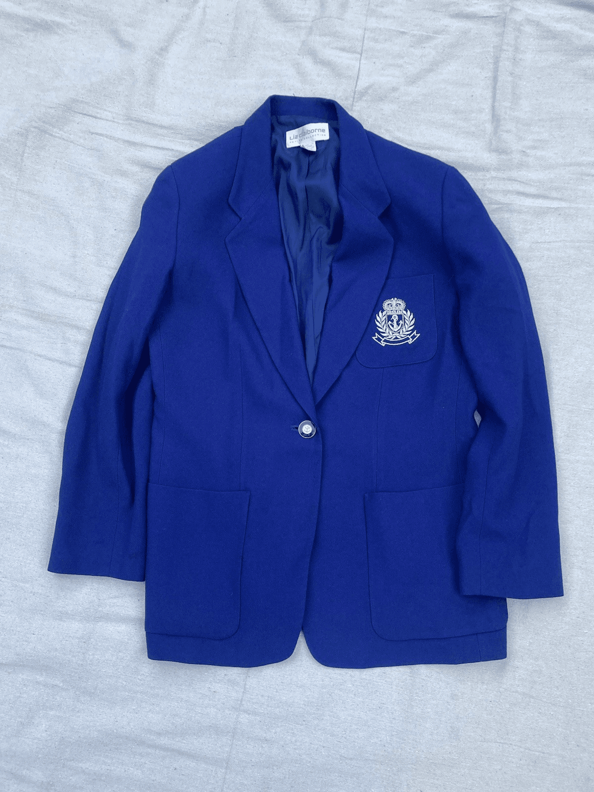 Vintage Liz Claiborne Nautical Blazer Emroidered Crest Blue Preppy 6P READ DESC