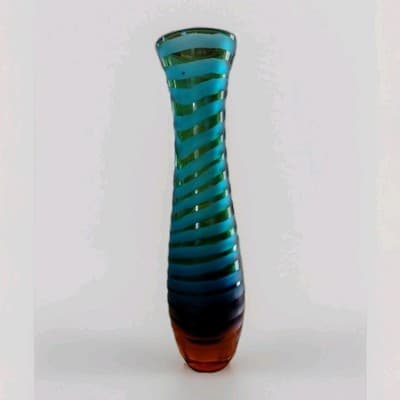 Vintage Cyan Design Glass Vase Handblown Turquoise & Orange Heavy