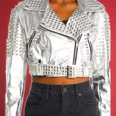 SILVER STUDDED SILVER Faux LEather 80's ROCK N ROLL JACKET NEW VINTAGE STYLE