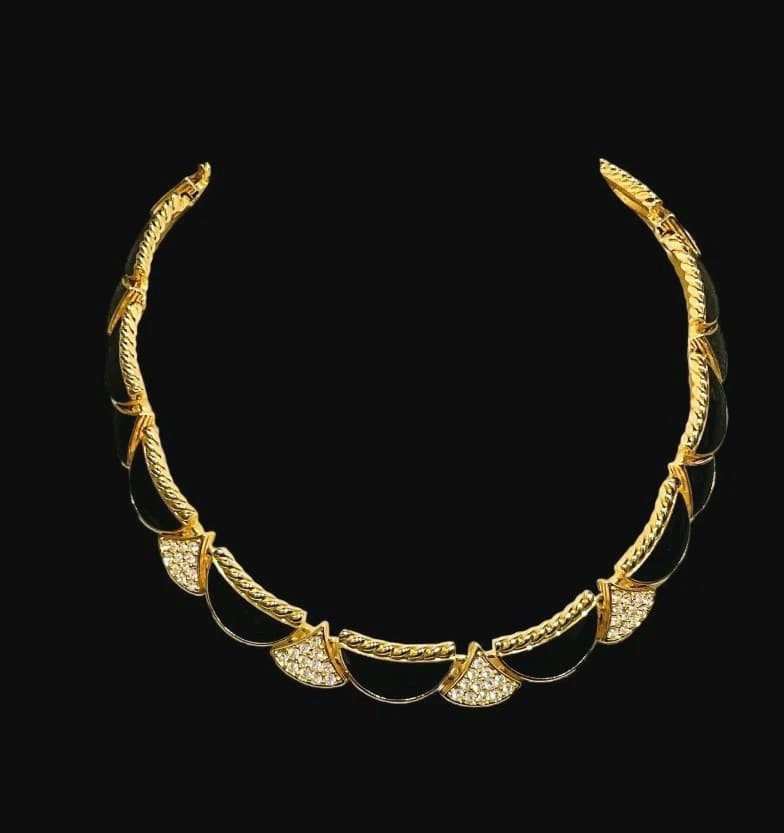 Vintage Scalloped Black Enamel Rhinestone Choker Evening Occasion Necklace