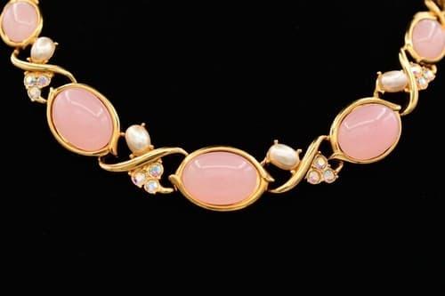 Trifari Vintage Cabochon Collar Necklace Pink AB Crystal Pearl Gold Signed