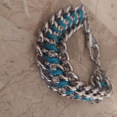 Teal Vintage 3Link Silver Chain Braclet With Crystal Acent Heavy Statement Rope