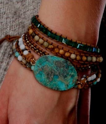Vintage Handmade Jasper Leather Wrap 2 Braclets Crystal Turquoise Boho Beach