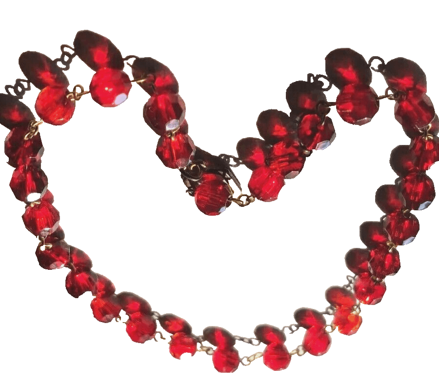 Antique HEAVY Faceted Ruby Red GLASS Beaded Necklace - 20" Long