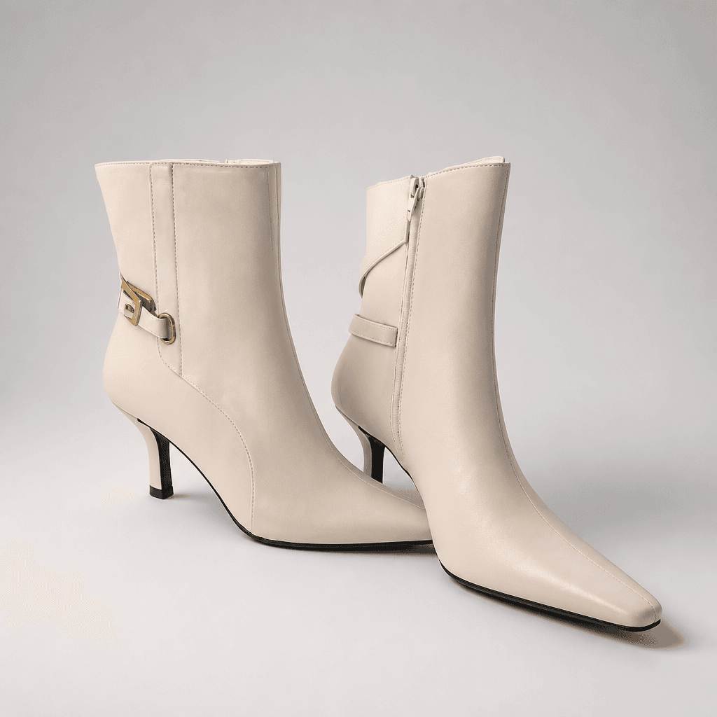 Andrew Geller Beige Ankle Boots with Gold Buckle Detail