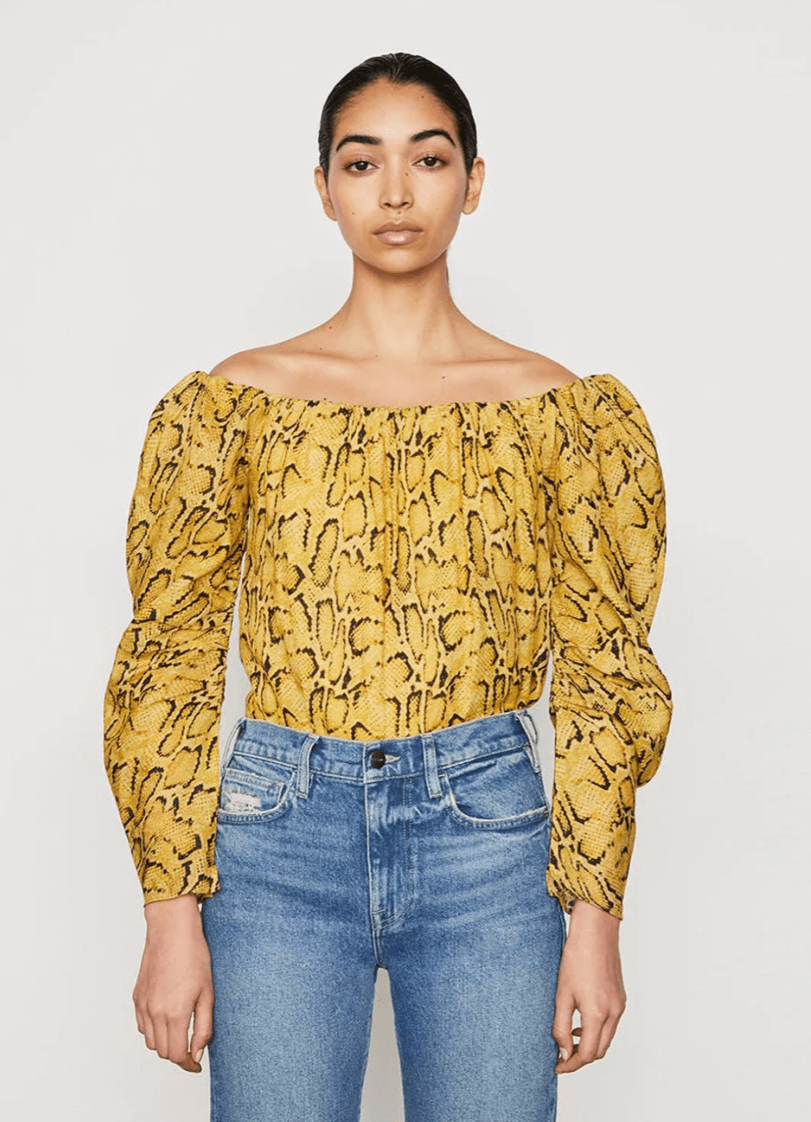 FRAME Off The Shoulder Puff Sleeve Billow Top 100% Ramie Yellow Python X-Small