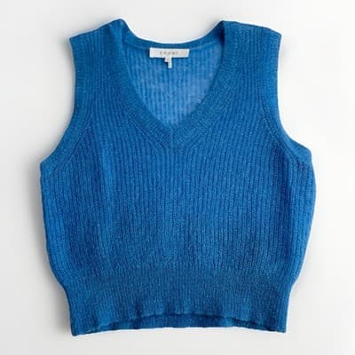 FRAME Sweater Top Small Shrunken Mohair Vest Blue Cropped Knit V-Neck Orig $255