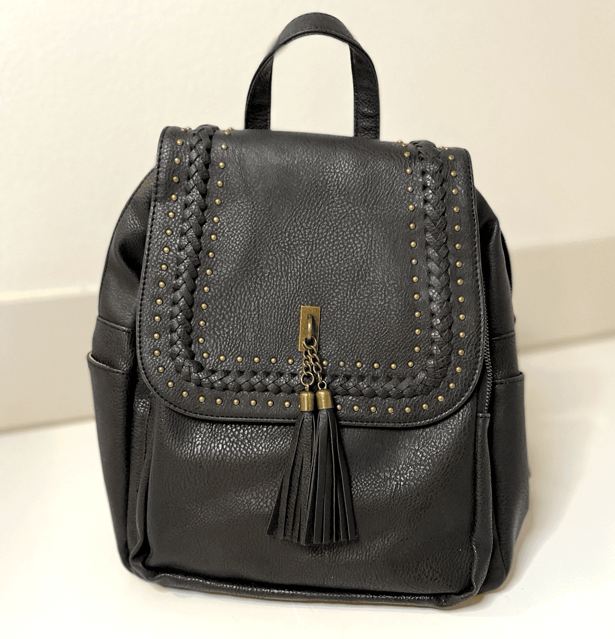 Small Backpack Women's Studded Vegan Leather Fringe Adjustable Straps Handles
