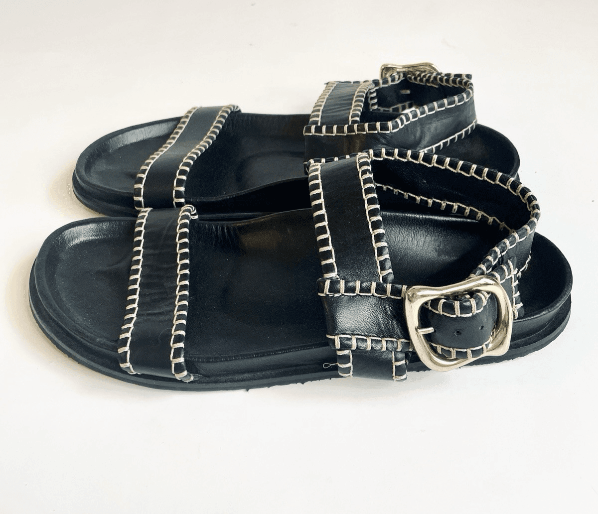 FRAME Leather Sandals Womens 8.5 Black Whipstitch Gold Buckle Good Condition
