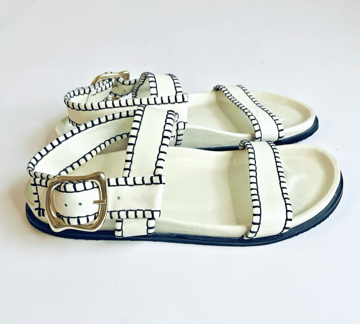 FRAME Le Marcel Leather Whipstitch Sandals Off White Womens 8.5 Good Condition
