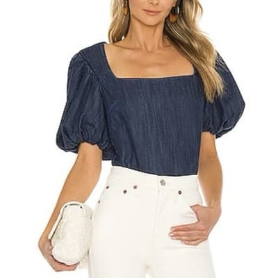 FRAME Women's Denim Puff Sleeve Cropped Square Neck Top XXS - $288 Retail