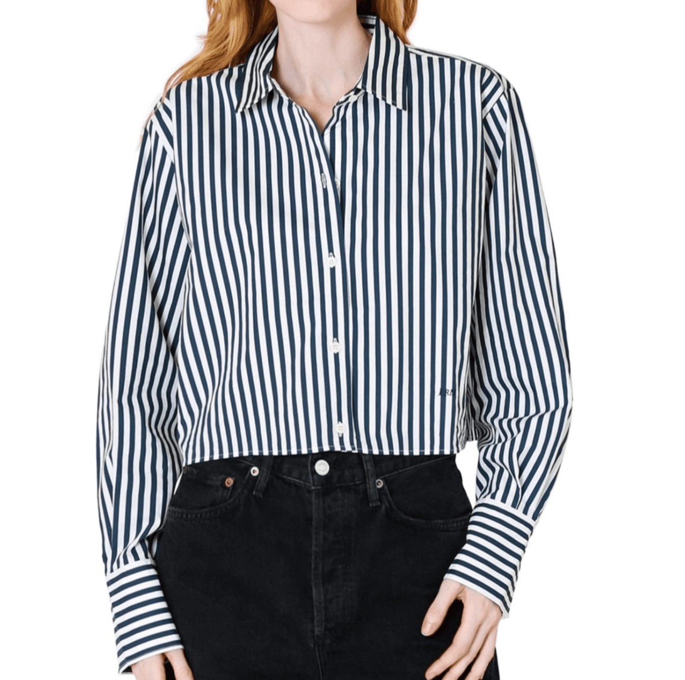 FRAME Women's Blouse XS Cropped Long Sleeve Top-LWSH2460-Navy Stripe-100% Cotton