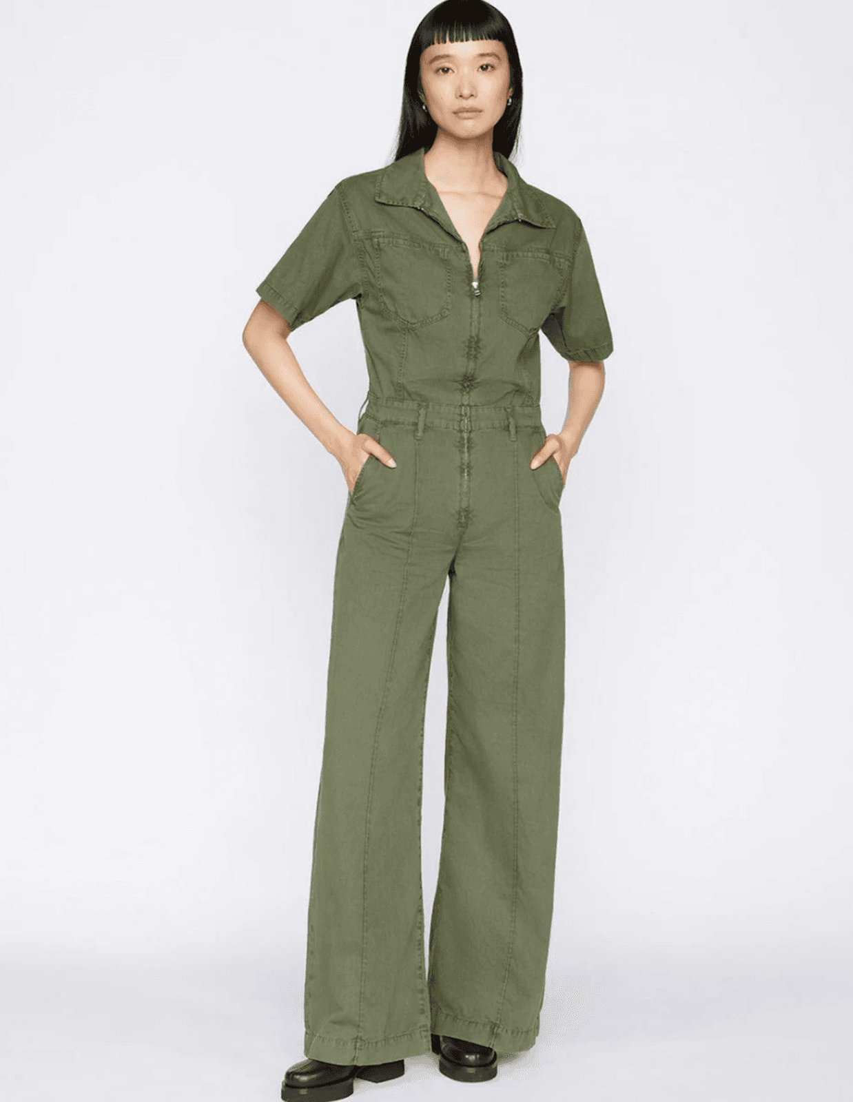 FRAME Women's Jumpsuit Wide Leg Short Sleeve Utilitarian Military Green XS