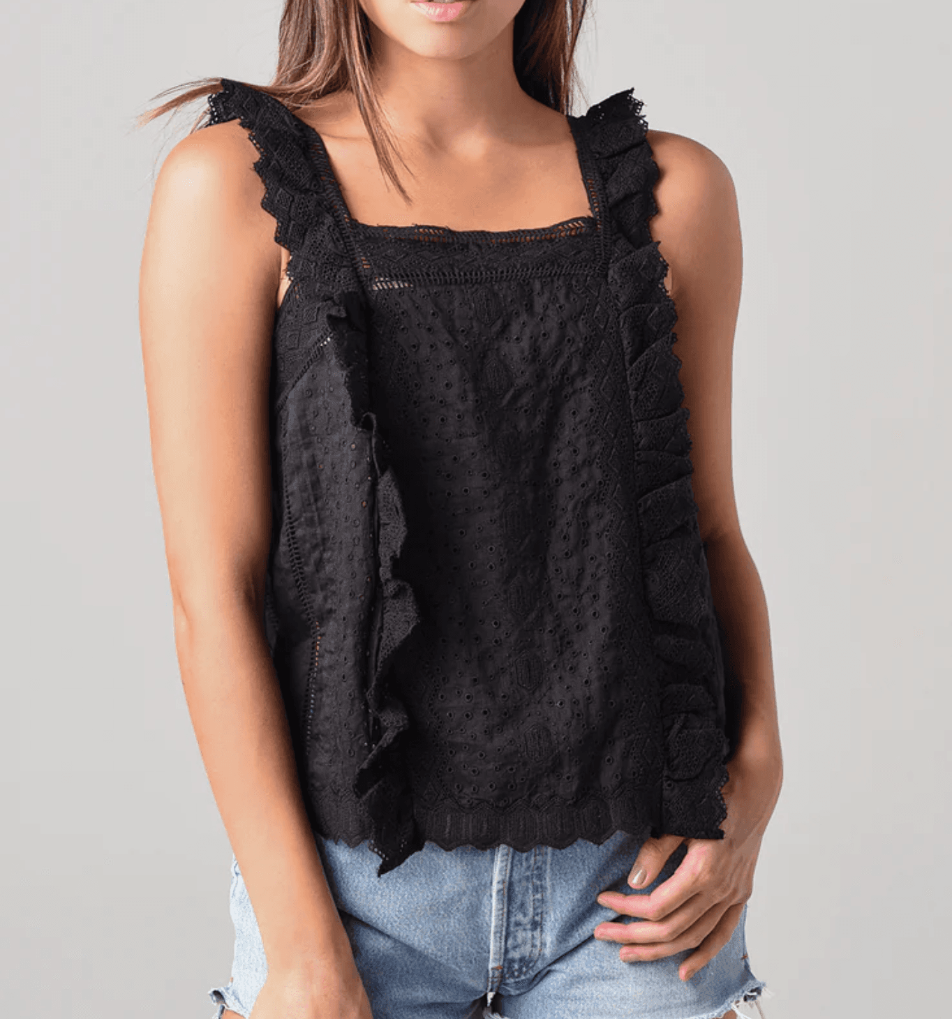 FRAME Women's Blouse 100% Ramie Black Lace Embroidered Ruffle Tank X-Small
