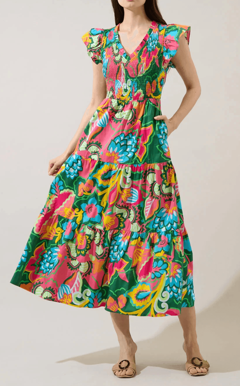 Sugarlips Smocked Bodice Tiered Midi Dress 100% Cotton Floral Women Size X-Small