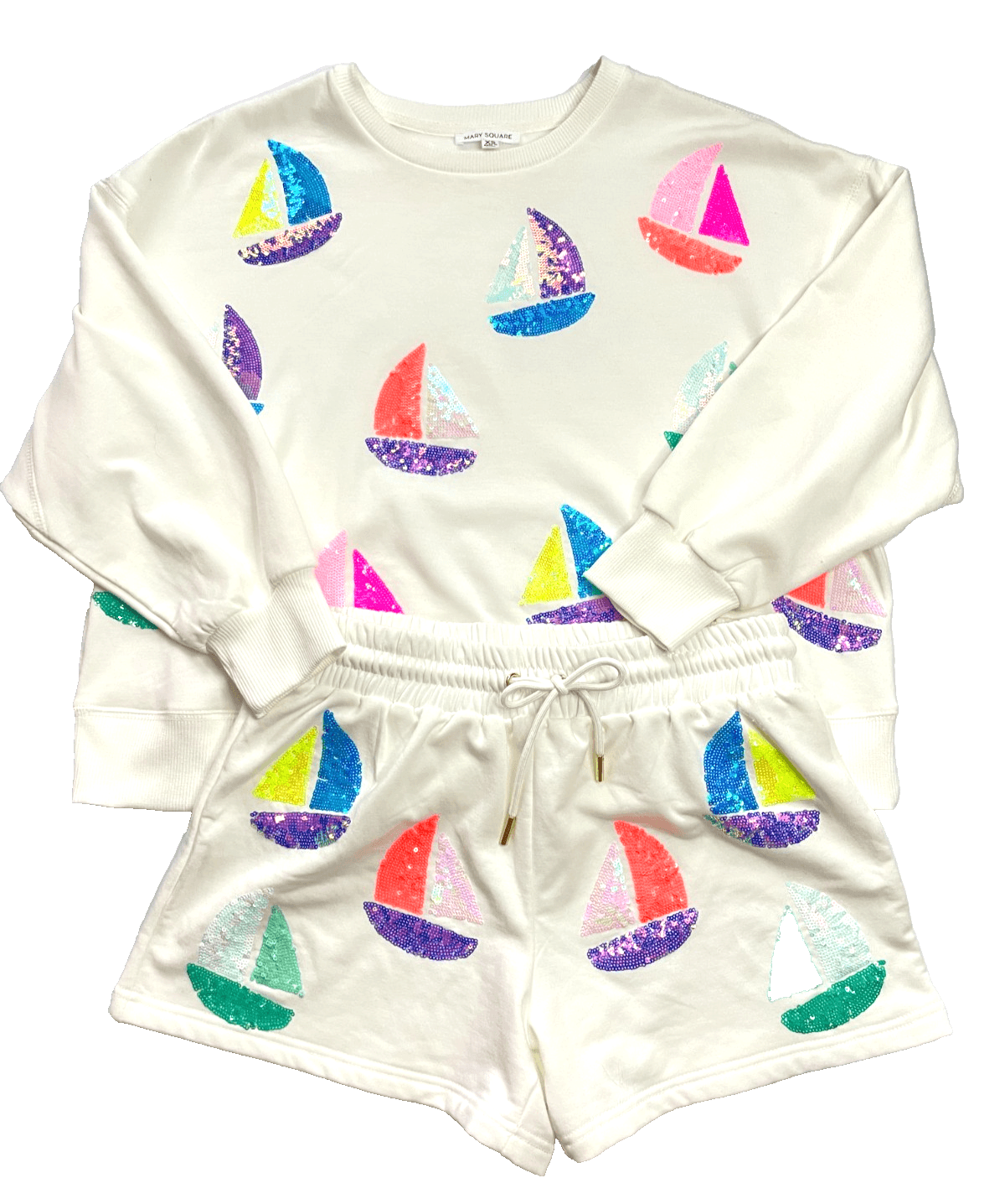 Mary Square 2-Piece Lounge Set White Sequin Sailboats Women Size XS $90 MSRP