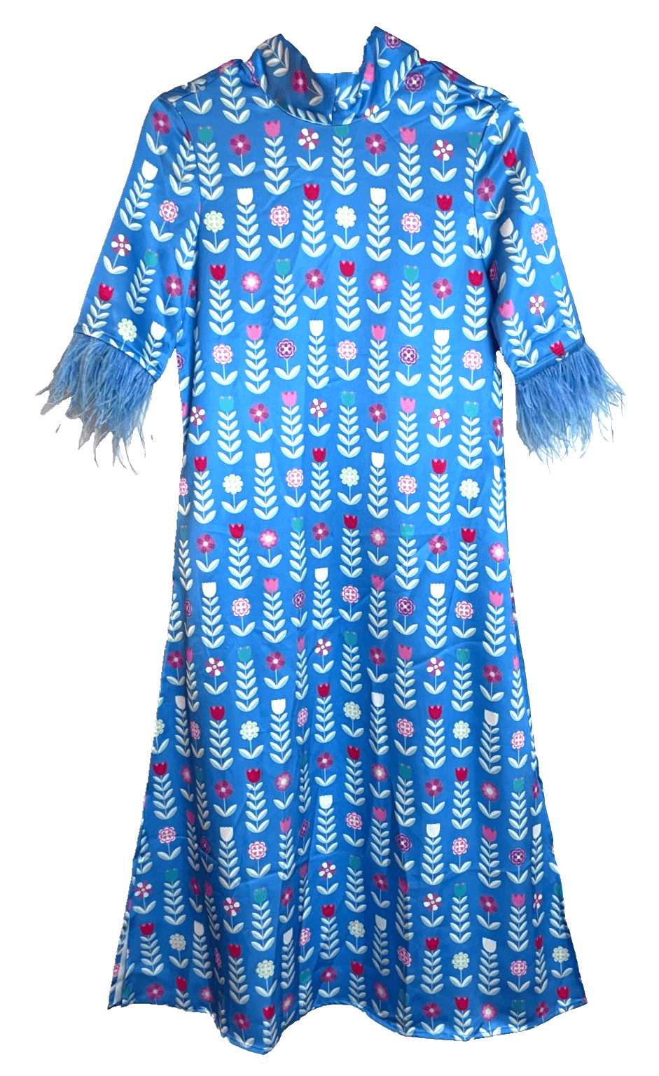 Heart of Grace Satin Feather Caftan Dress Blue Satin Print Women Size X-Small