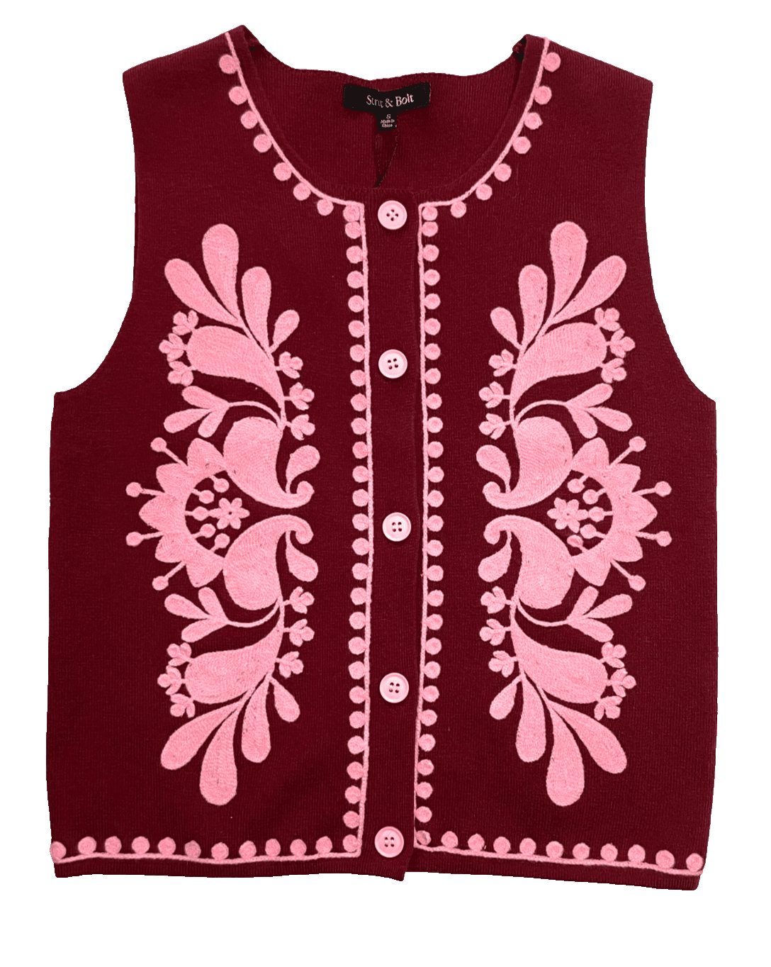 Women's Vest Sweater Size Small Embroidered Pink by Strut & Bolt NWT