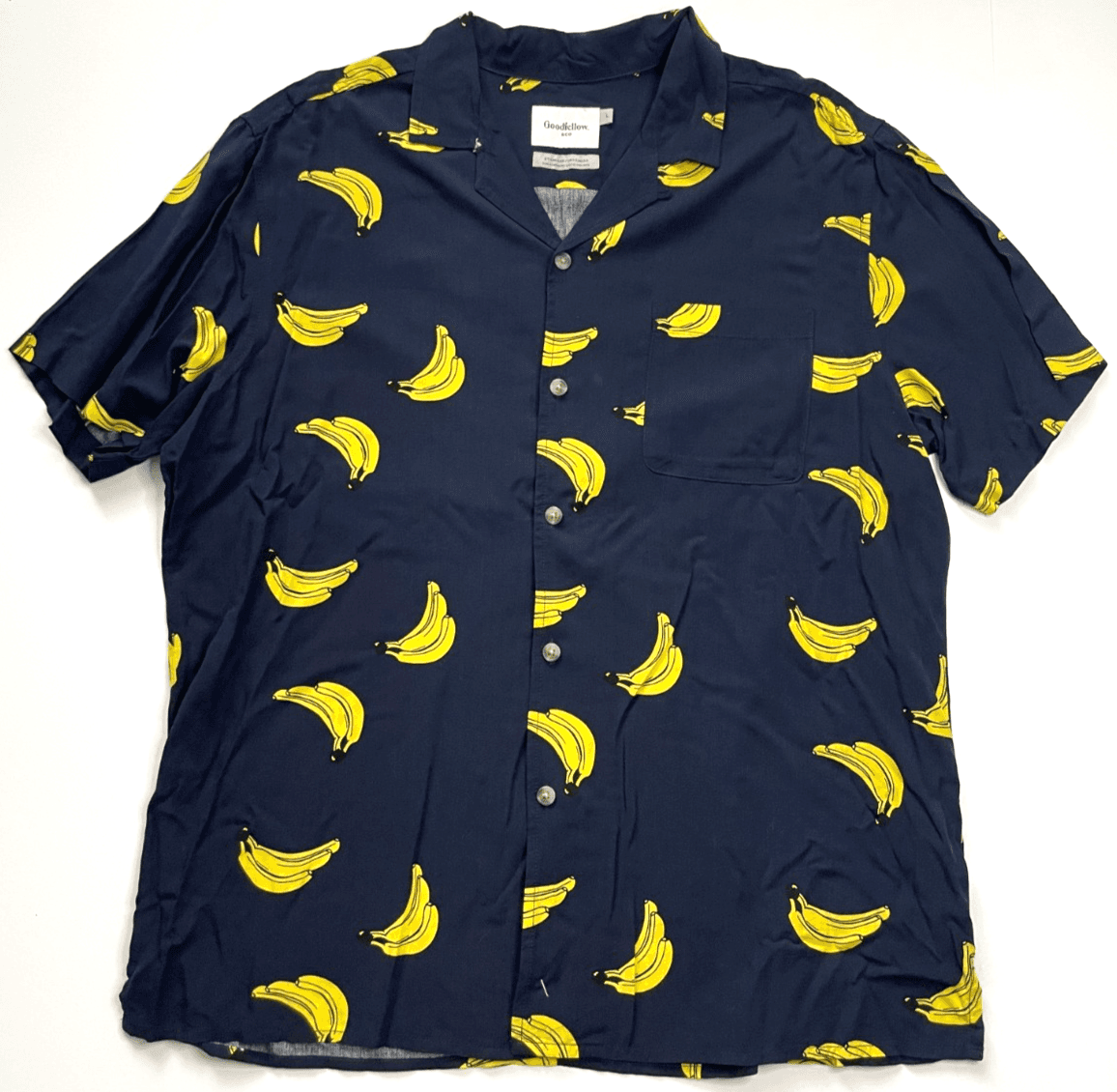 Men Casual Short Sleeve Button-Down Navy Banana Print Size Large - Goodfellow Co