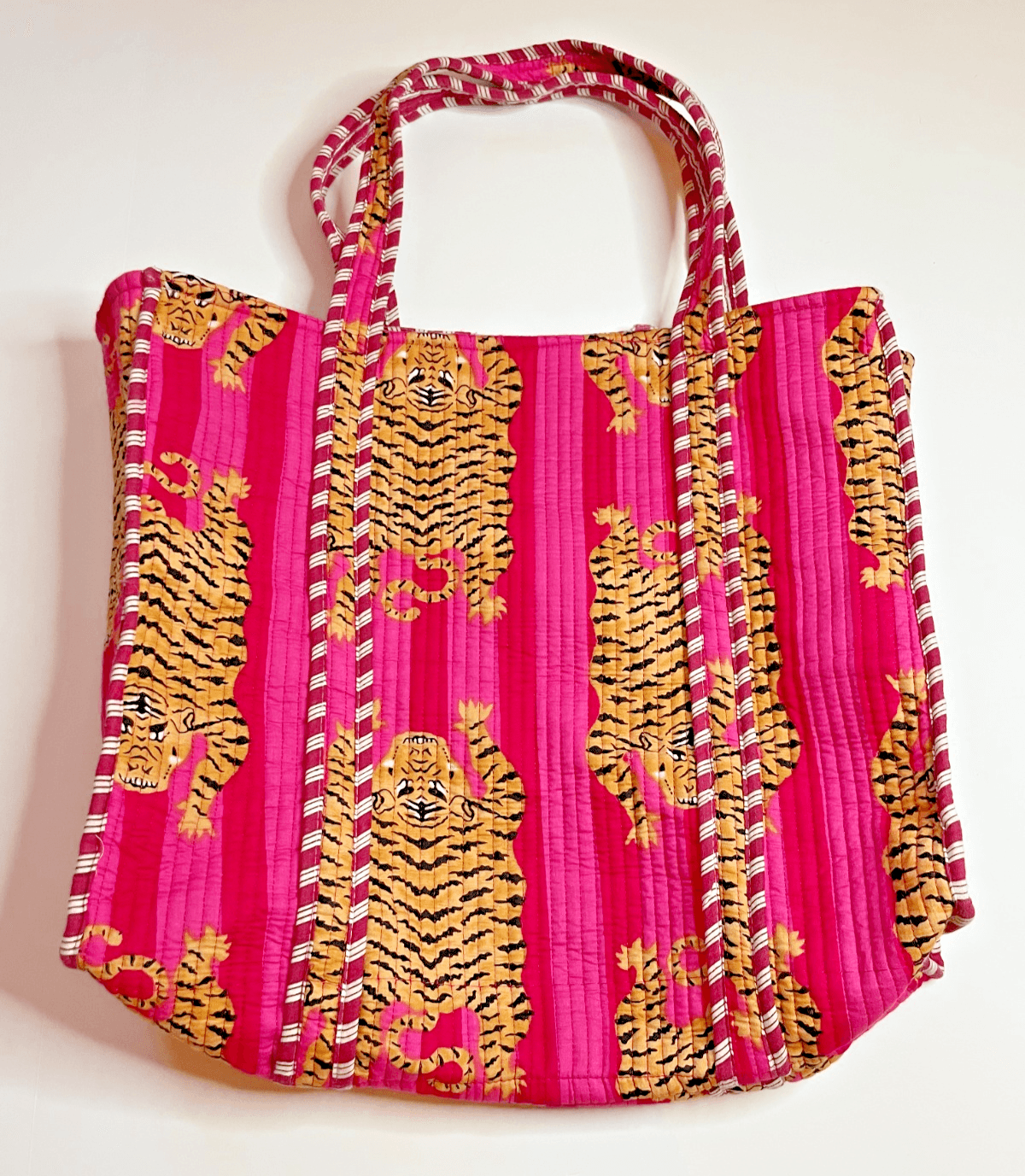 Folklore Couture Handmade Quilted 100% Cotton Pink Tiger Print Tote Bag