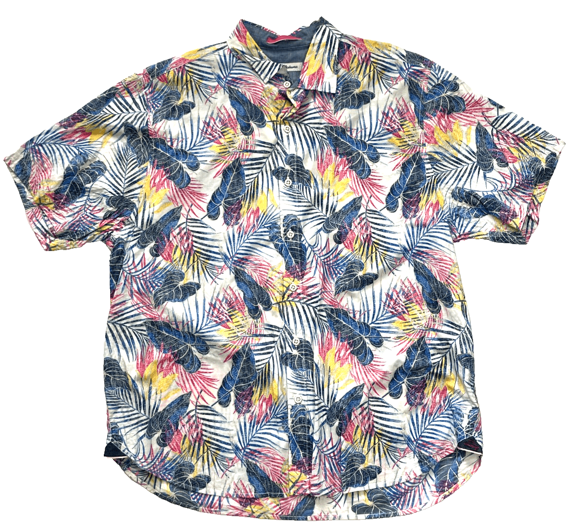 Tommy Bahama Hawaiian Short Sleeve Button-Down Shirt White/Navy Print Mens Large