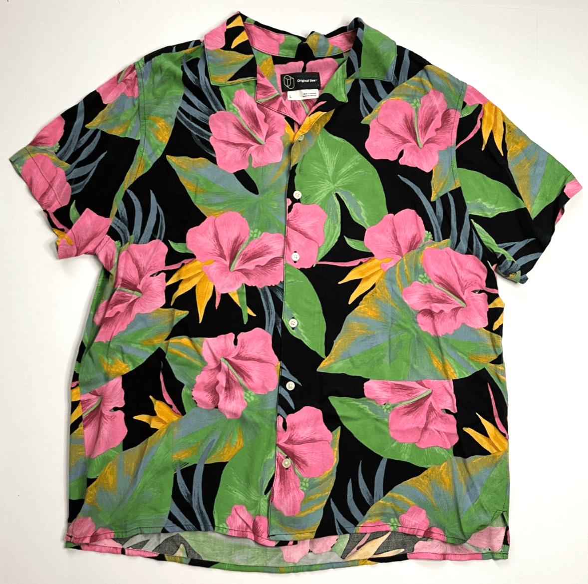 Men's Hawaiian Short Sleeve Button Down Shirt Black Floral Print Size Large