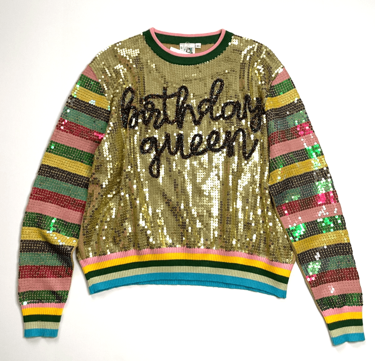QUEEN OF SPARKLES Birthday Sweater Gold Sequin Women's Size X-Small NWT!