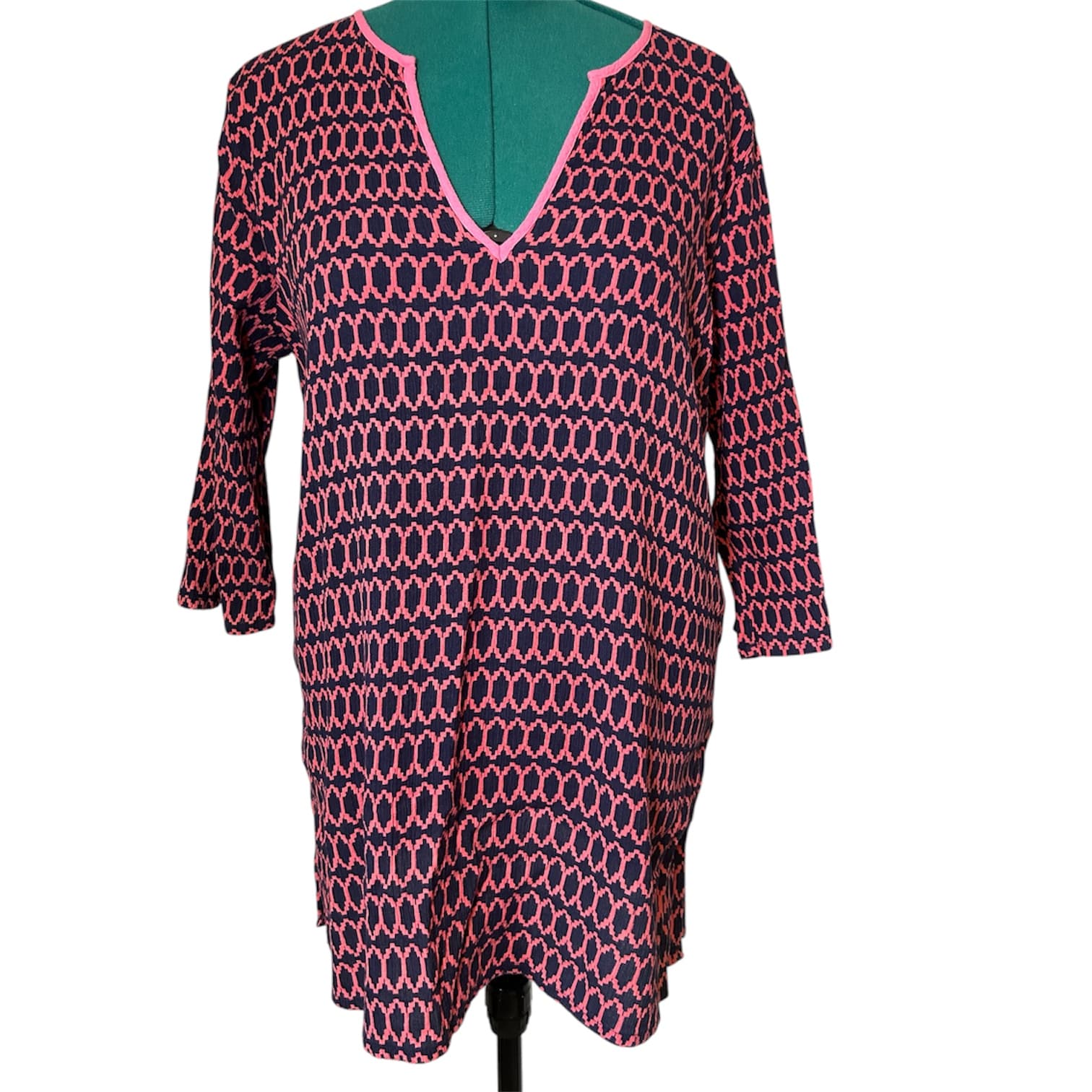 J.Crew Cotton Tunic Dress Size L Pink Navy Pattern