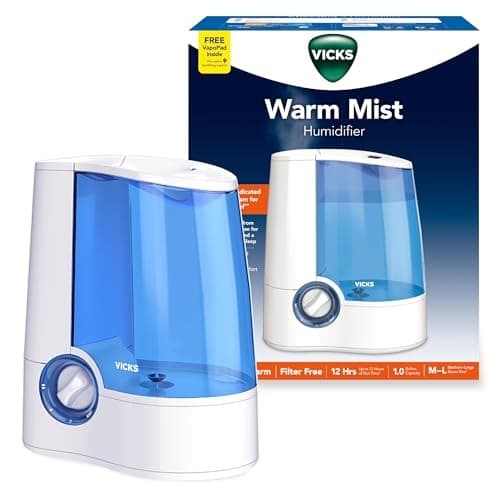 Vicks Warm Mist Humidifier Filter‑Free 1Gal Tank, Auto Shut‑Off, Night Light, VapoPad and VapoSteam Compatible