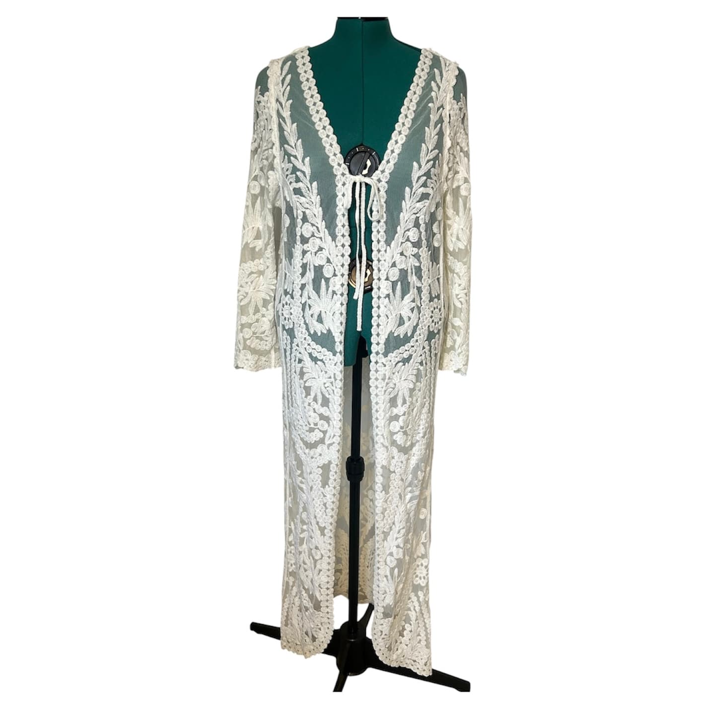White Lace Long Kimono Cardigan with Floral Embroidery