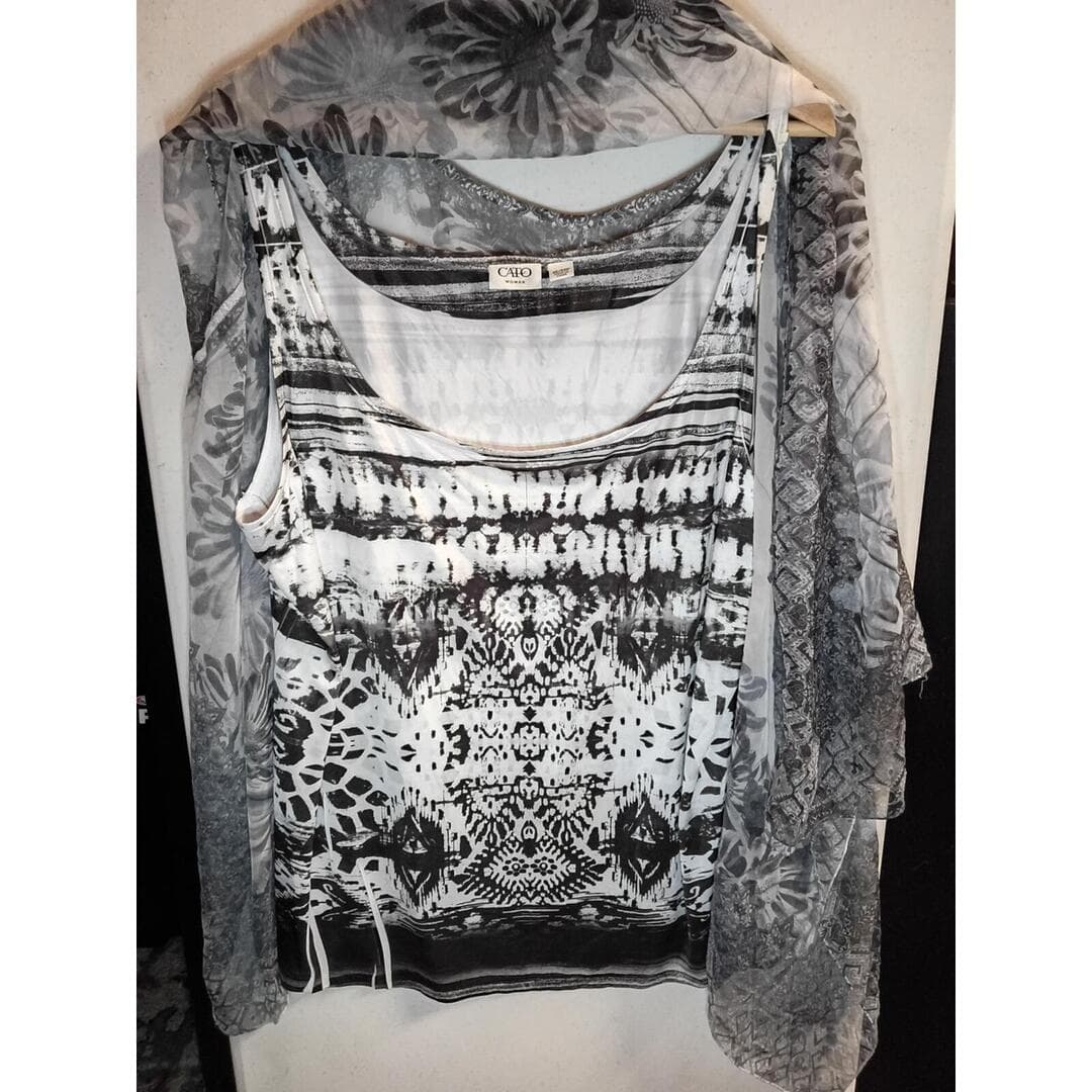 Cato Woman Plus Size Black and White Sheer Floral Overlay Tank Top Set Size 22/2