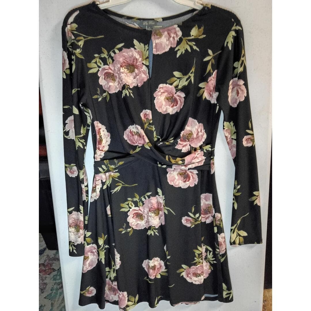 Lily Rose Black Floral Long Sleeve Dress, Size Small