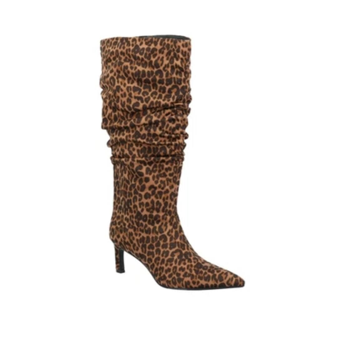 Leopard Print Mid-Calf Slouchy Boots with Pointed Toe and Stiletto Heel