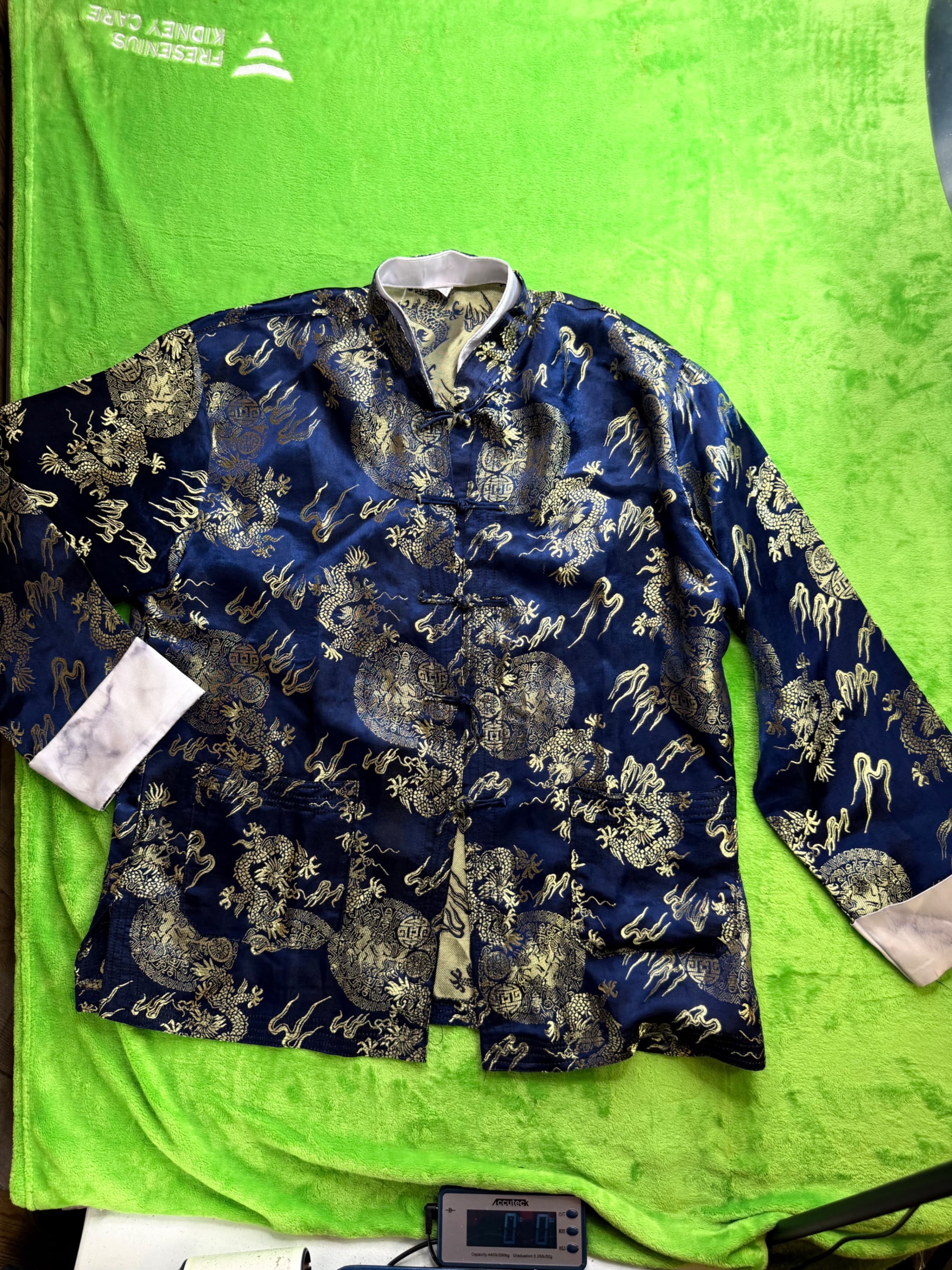 Chinese Dragon Brocade Jacket Navy Gold Frog Closure Mandarin Collar Sz L